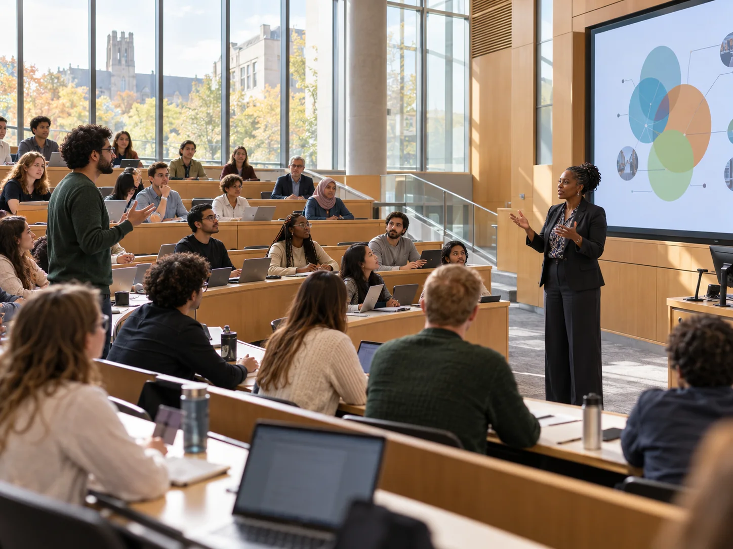 A lecturer and students exchange ideas in a university seminar