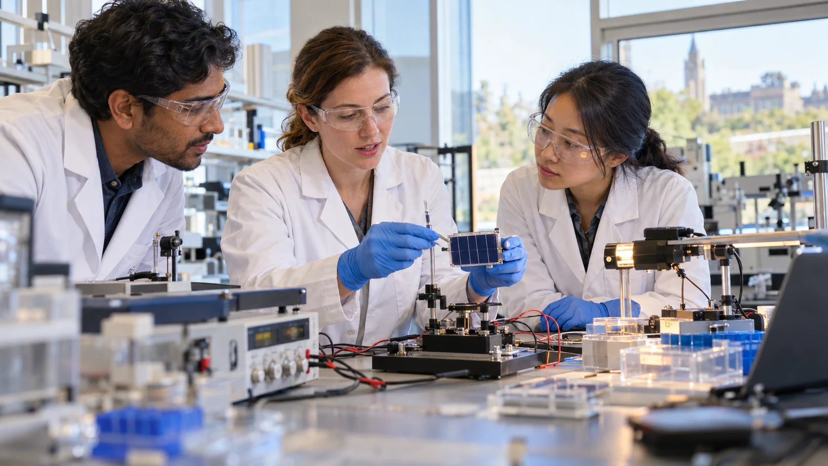 Researchers examine a solar cell during a supervised laboratory experiment